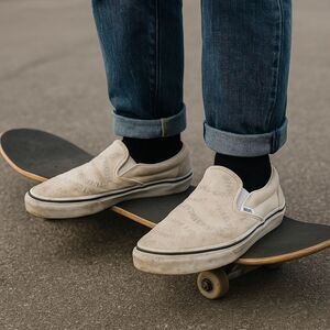 Vans Off White Suede Slip-On Sneakers 7/ 8.5 Skater Grunge Core Thrashed Embroid